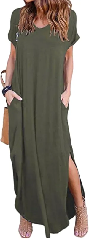 Women Summer Long T Shirt Dress Loose Short Sleeve Split Long Maxi Dresses Casual Beach Sundress Travel Vacation Outfits