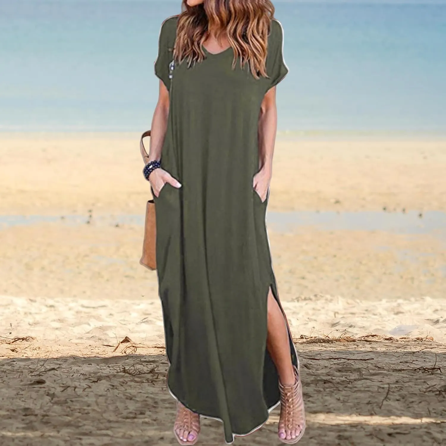 Women Summer Long T Shirt Dress Loose Short Sleeve Split Long Maxi Dresses Casual Beach Sundress Travel Vacation Outfits