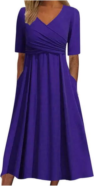 Women's Boho Floral Flowy A Line Midi Dress Casual Loose Summer Short Sleeve Beach Vacation Dresses with Pockets, X-Large, Zd-purple