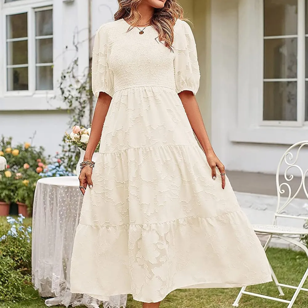 Women's Boho Floral Maxi Dress Puff Short Sleeve Crewneck A Line Smocked Long Dress Casual Layered Ruffle Dress