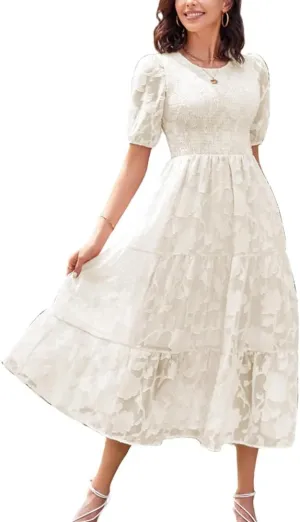 Women's Boho Floral Maxi Dress Puff Short Sleeve Crewneck A Line Smocked Long Dress Casual Layered Ruffle Dress