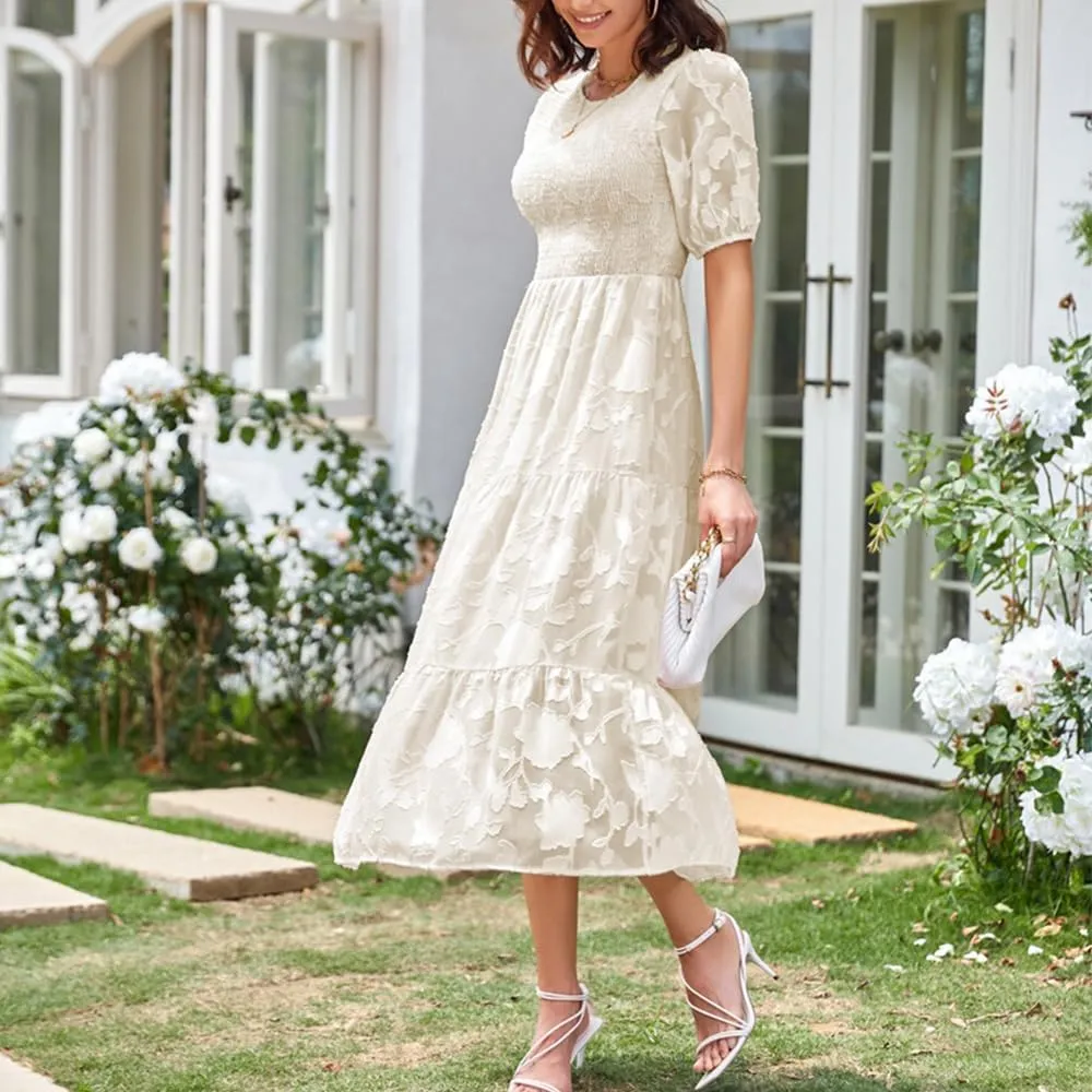 Women's Boho Floral Maxi Dress Puff Short Sleeve Crewneck A Line Smocked Long Dress Casual Layered Ruffle Dress