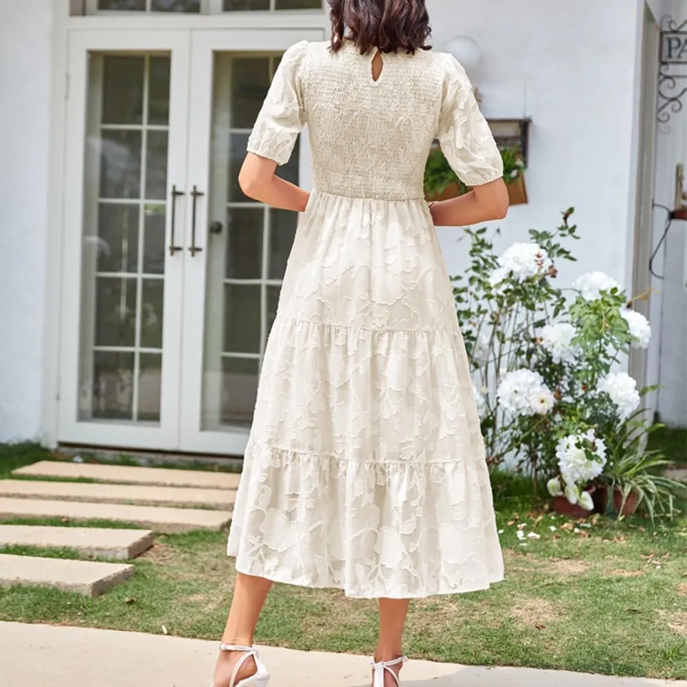 Women's Boho Floral Maxi Dress Puff Short Sleeve Crewneck A Line Smocked Long Dress Casual Layered Ruffle Dress