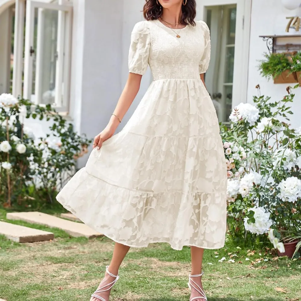 Women's Boho Floral Maxi Dress Puff Short Sleeve Crewneck A Line Smocked Long Dress Casual Layered Ruffle Dress