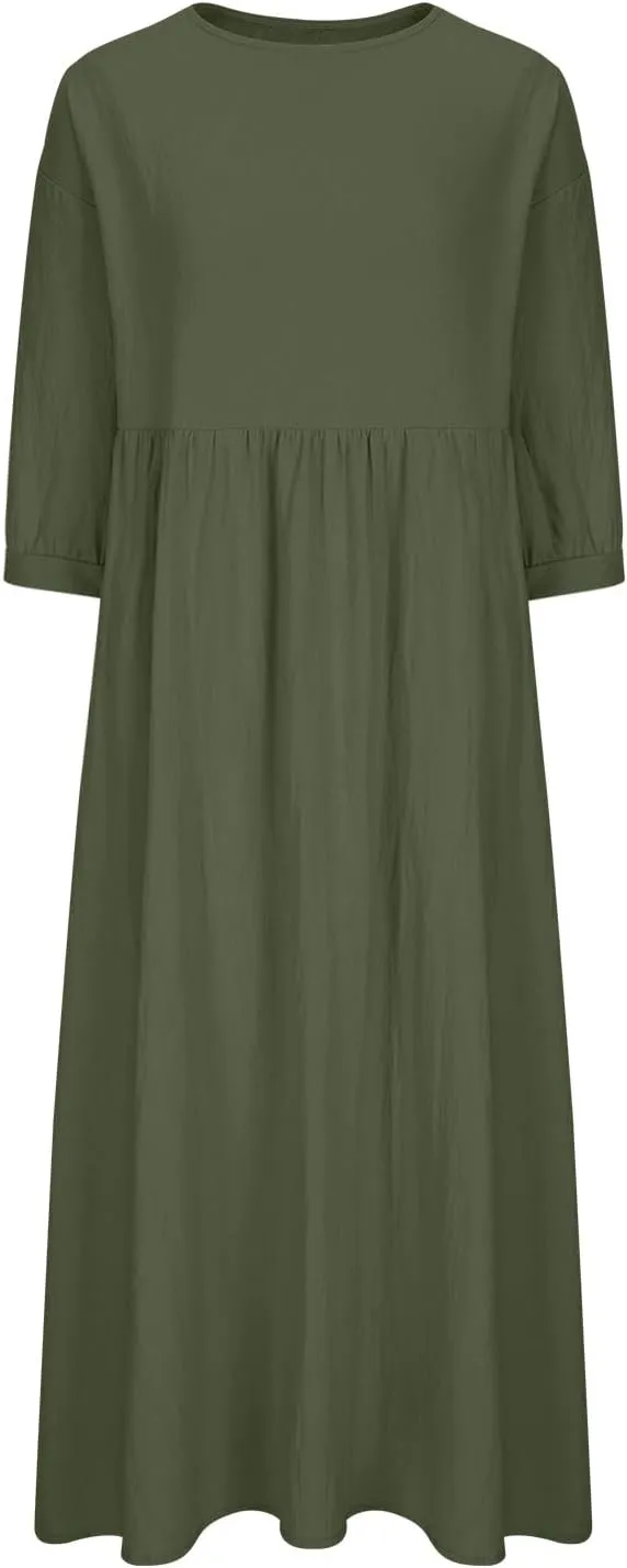 Womens Cotton Linen Midi Dress Casual Loose Petite Solid A-line Dresses Flowy Summer Beach Vacation Sundress Pockets