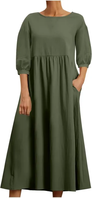 Womens Cotton Linen Midi Dress Casual Loose Petite Solid A-line Dresses Flowy Summer Beach Vacation Sundress Pockets