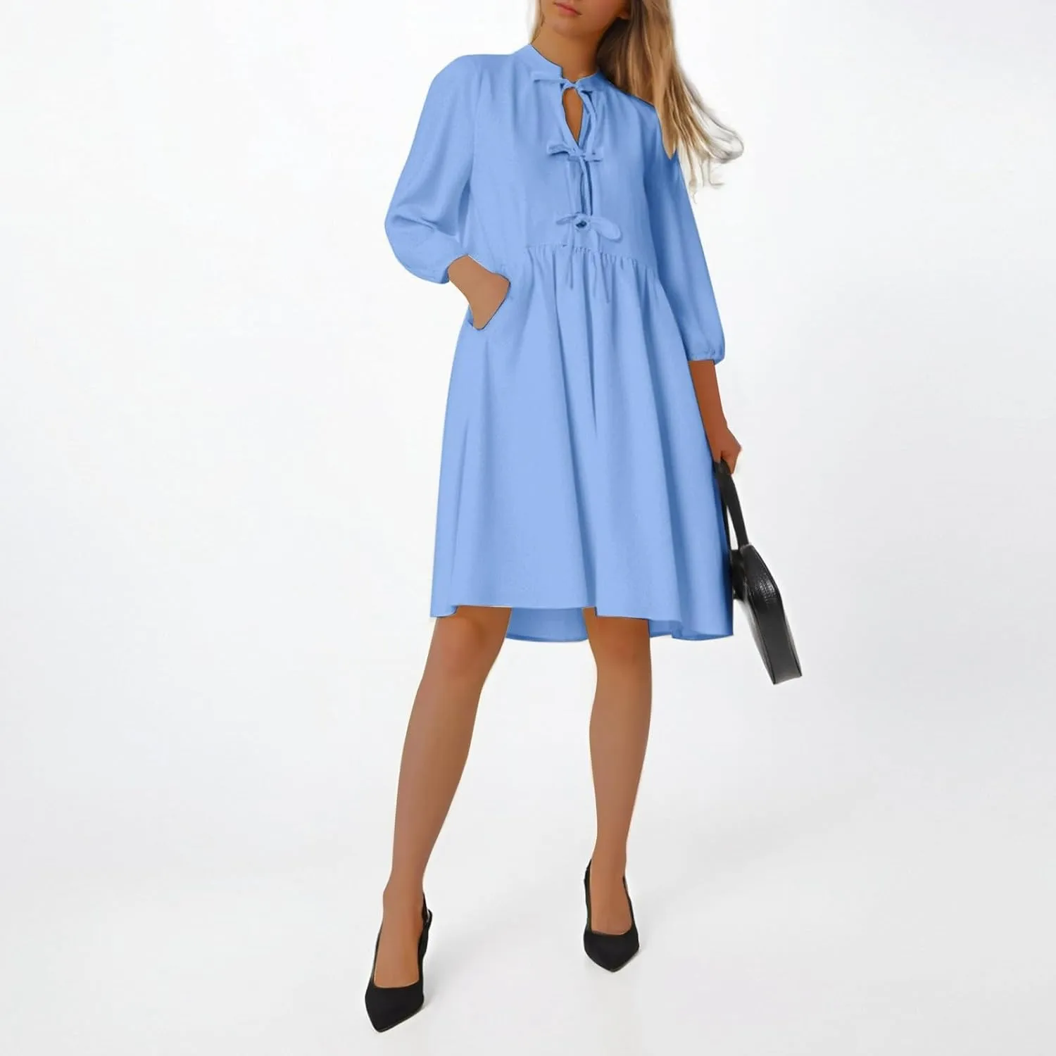 Women's Dress Fall Long Puff Sleeve Self Tie Front Babydoll A Line Pleated Cute Mini Tunic Dresses 2025