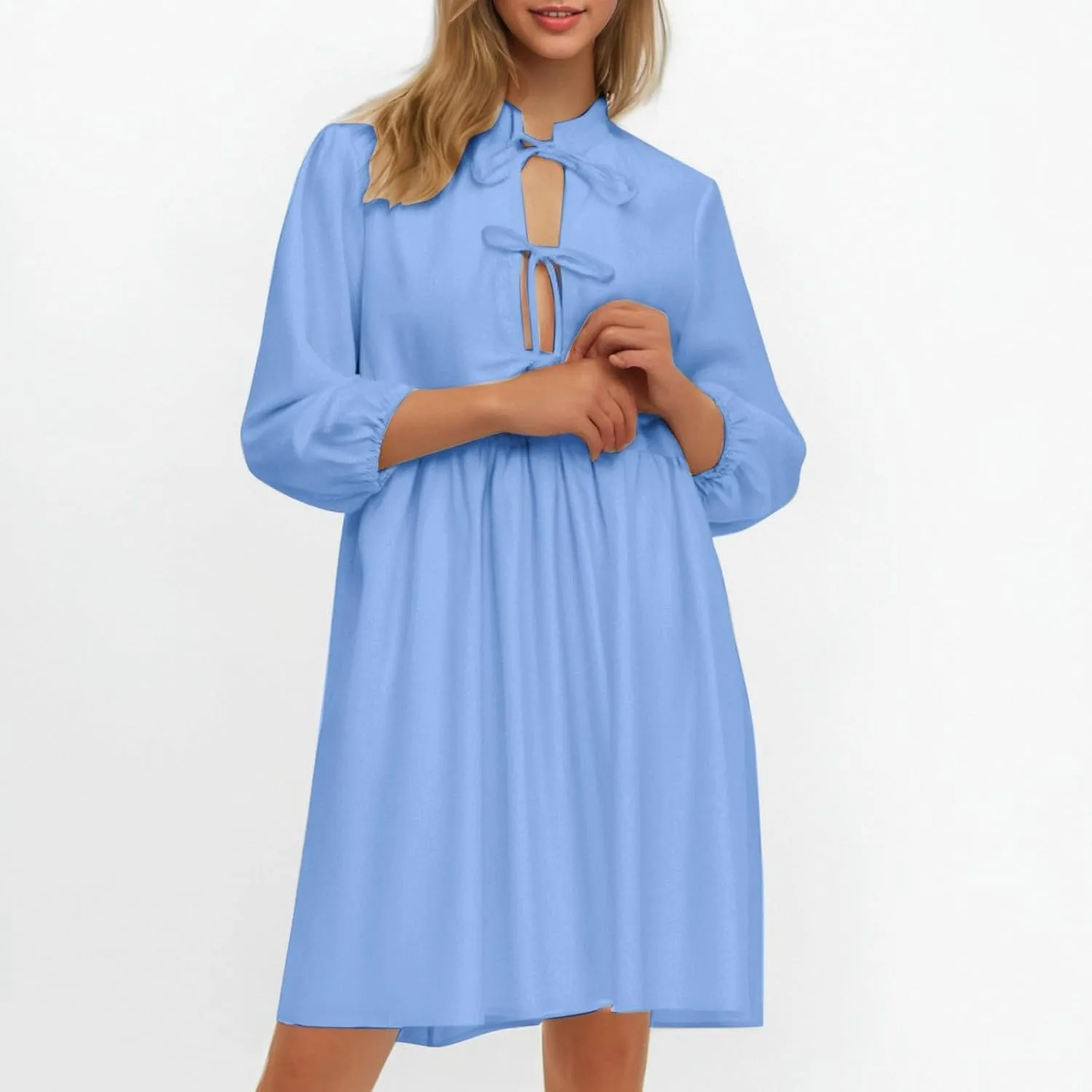 Women's Dress Fall Long Puff Sleeve Self Tie Front Babydoll A Line Pleated Cute Mini Tunic Dresses 2025