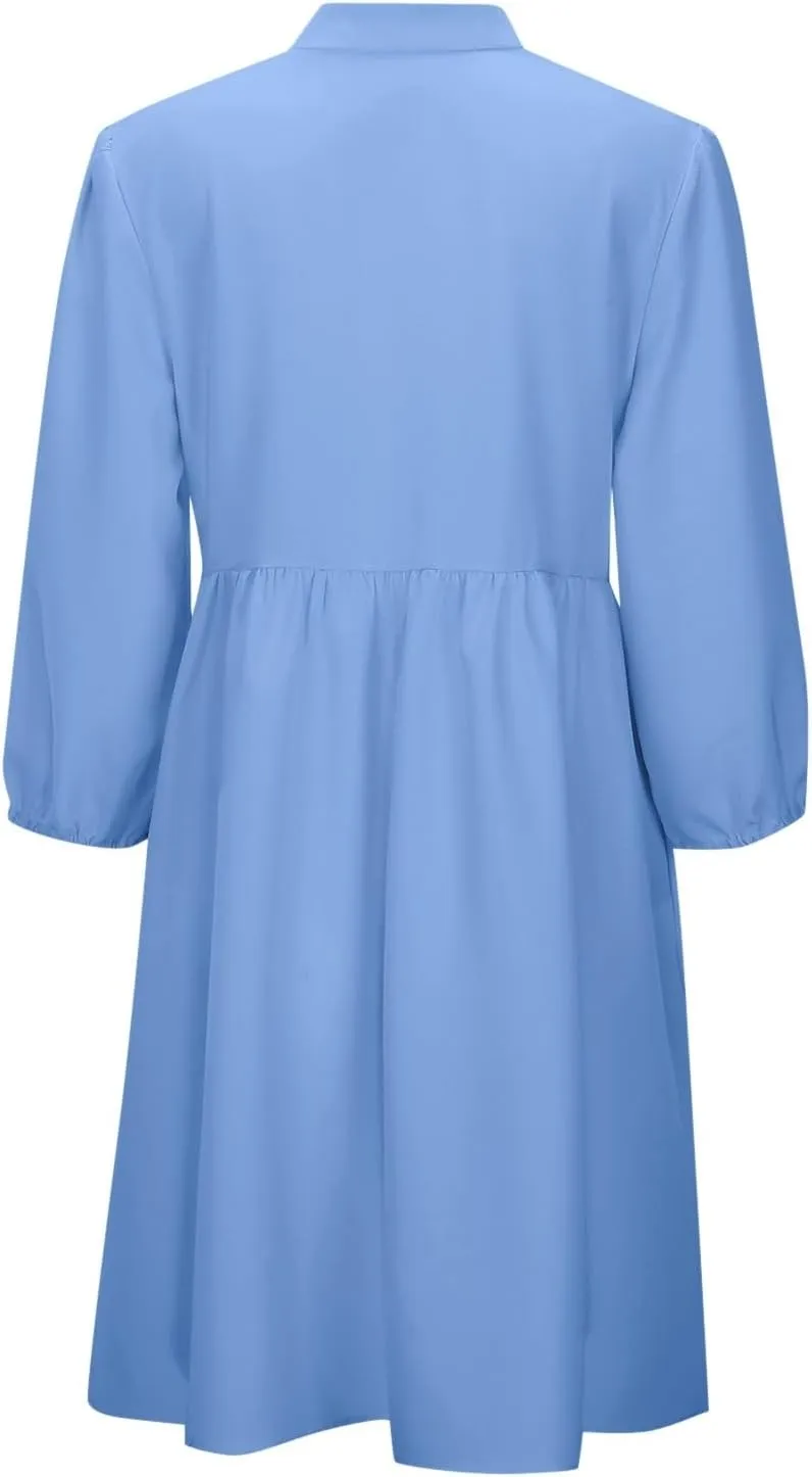 Women's Dress Fall Long Puff Sleeve Self Tie Front Babydoll A Line Pleated Cute Mini Tunic Dresses 2025