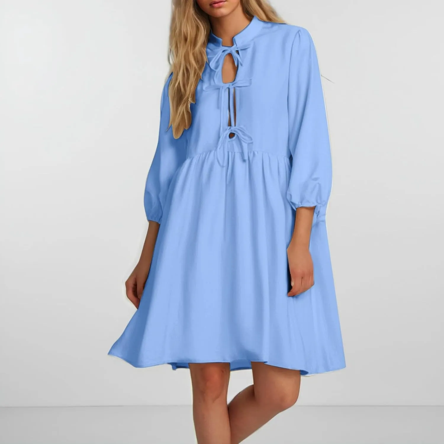 Women's Dress Fall Long Puff Sleeve Self Tie Front Babydoll A Line Pleated Cute Mini Tunic Dresses 2025