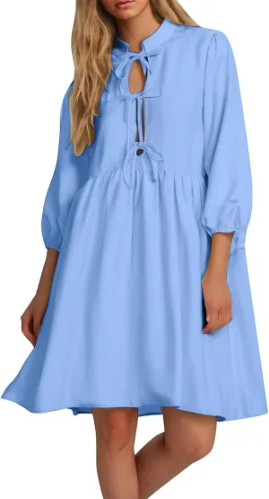 Women's Dress Fall Long Puff Sleeve Self Tie Front Babydoll A Line Pleated Cute Mini Tunic Dresses 2025