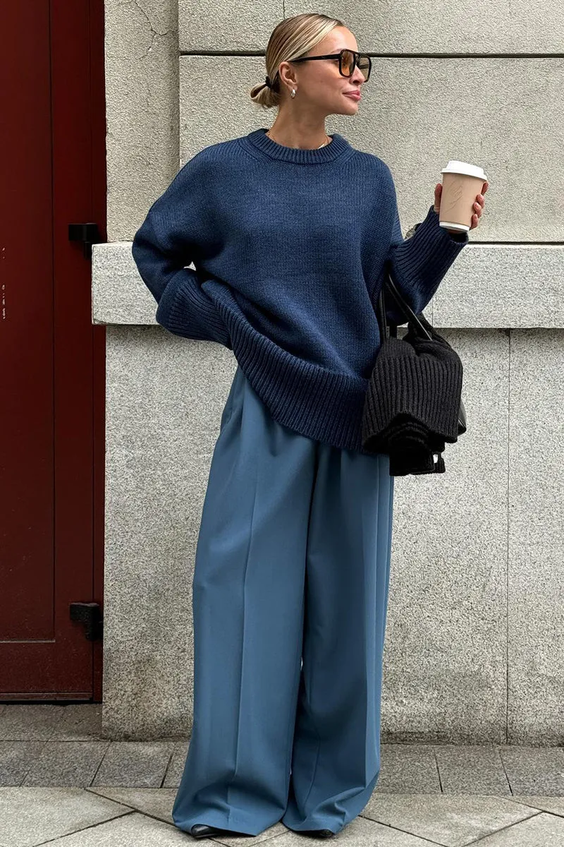 Women's Oversized Charcoal Knit Round Neck Sweater