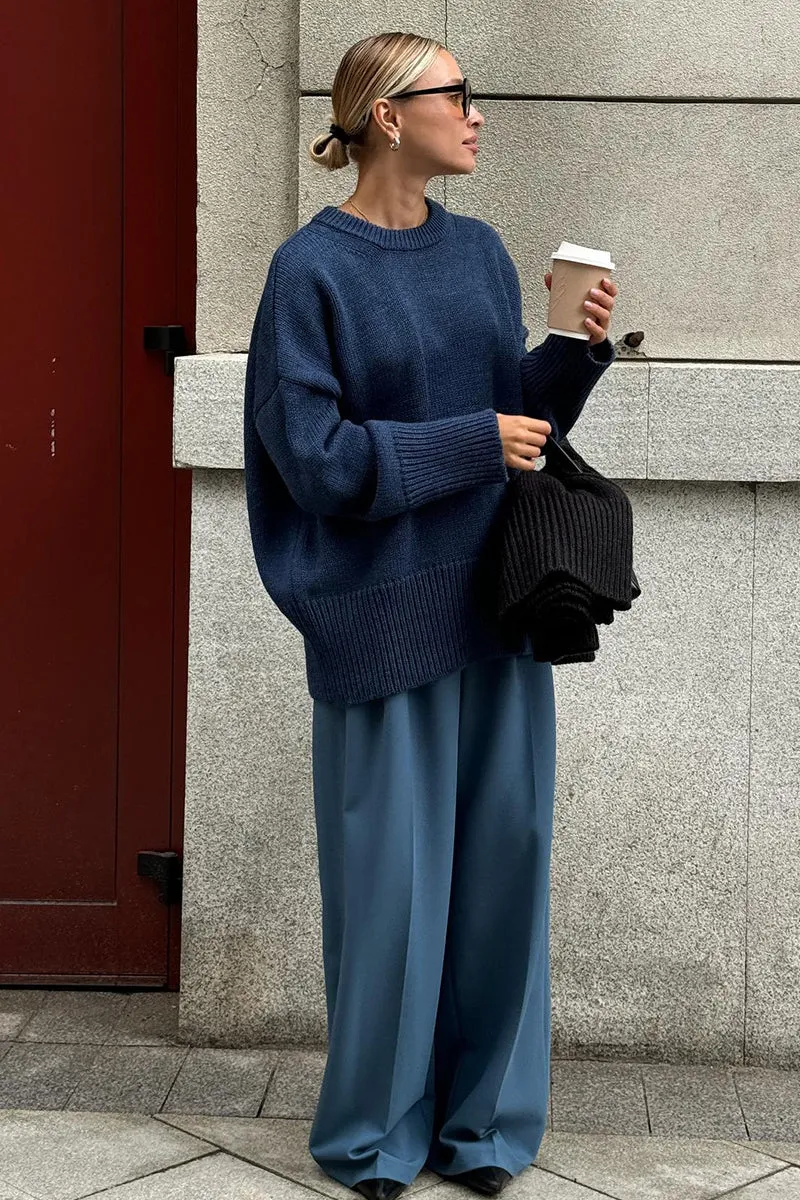 Women's Oversized Charcoal Knit Round Neck Sweater