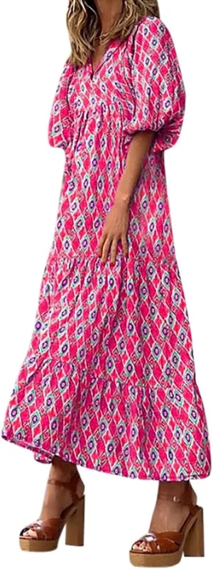 ZWRXW Plus Size Boho Maxi Dress for Women Loose Bohemian Floral Dress Half Sleeve Flowy A Line Long Dress Beach Swing Dress